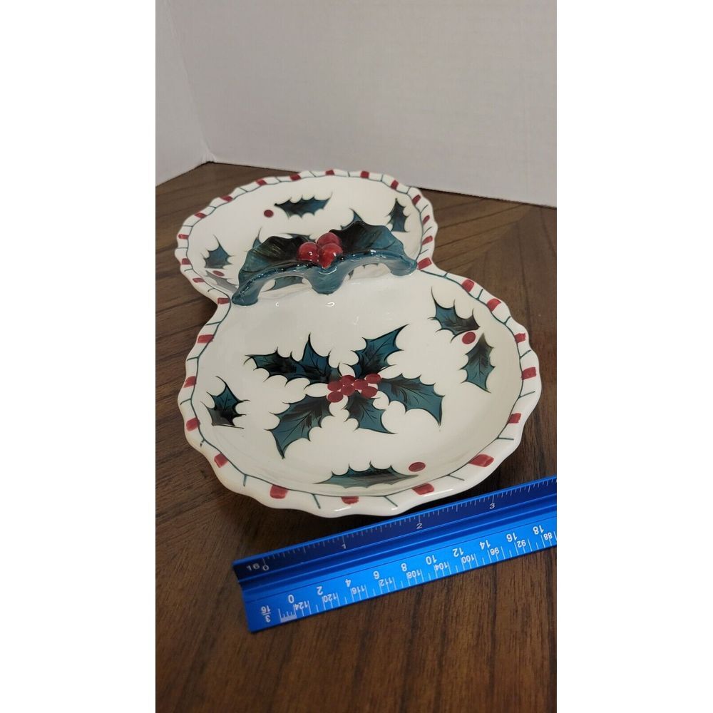 Vintage Hand Paint Lefton Christmas Holiday 2 Part Serving Dish Holly Candy Cane